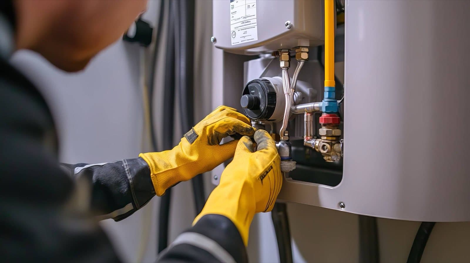 Technician repairing a hot water system